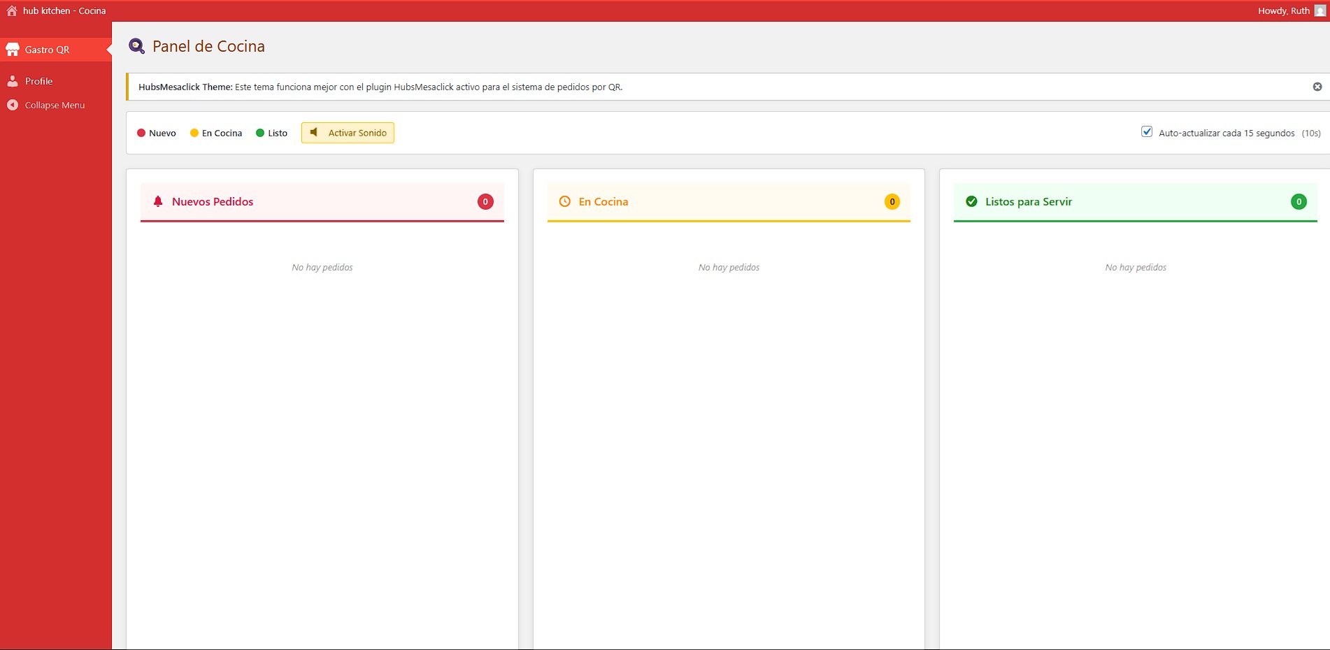 Las tres columnas del dashboard con pedidos en diferentes estados